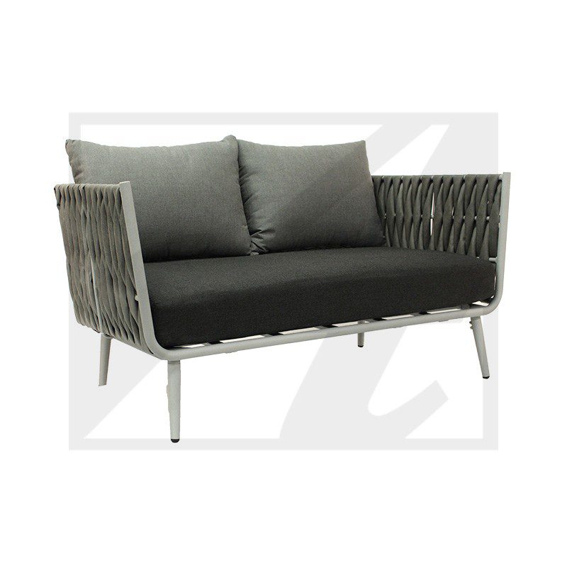 Modern two-seater sofa with black cushions and white rope detailing on the sides.