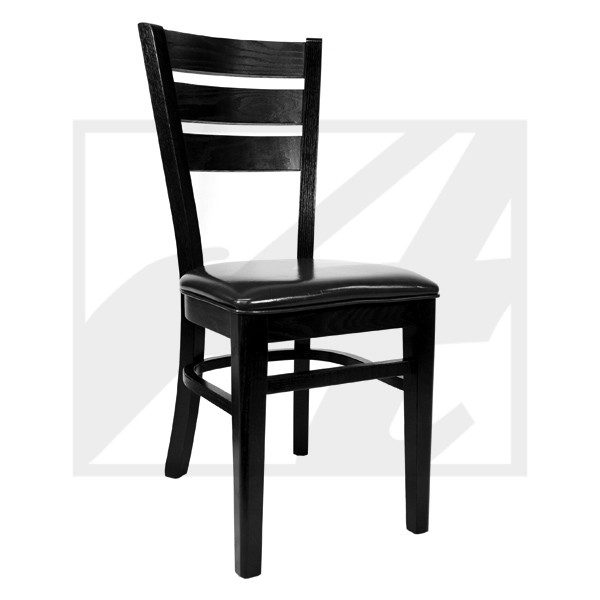 A classic black wooden chair with a ladder-back design.
