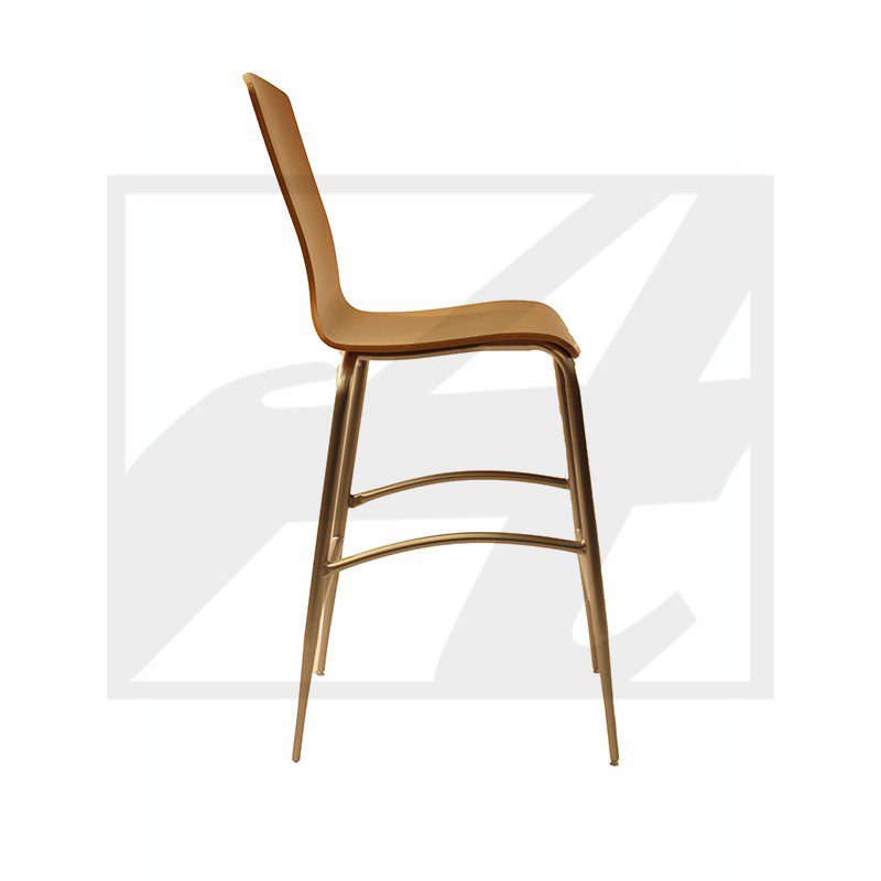 Sleek wooden bar stool with a curved backrest and slender legs.