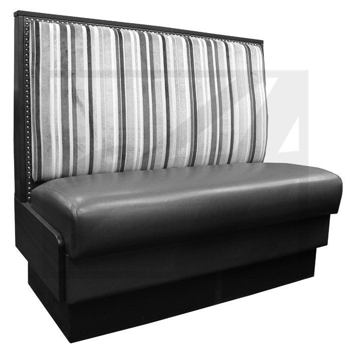 Black booth seating with striped backrest, ideal for restaurants.