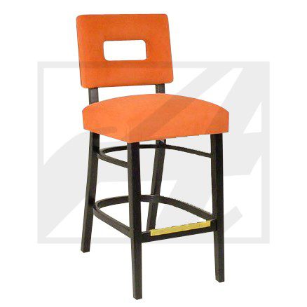 Modern orange bar stool with a cutout backrest and black legs.