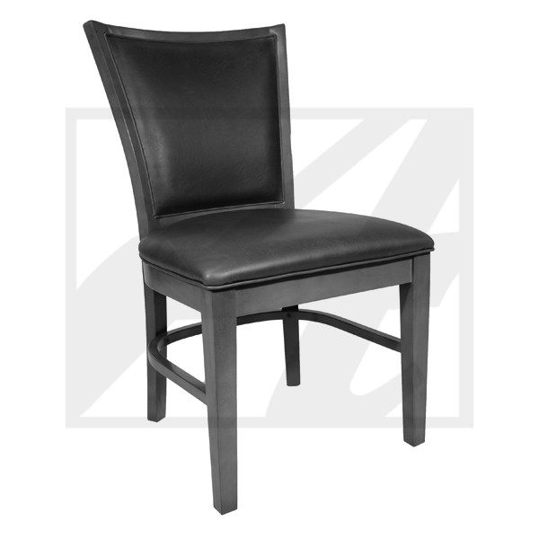 Black leather dining chair with a sturdy wooden frame.