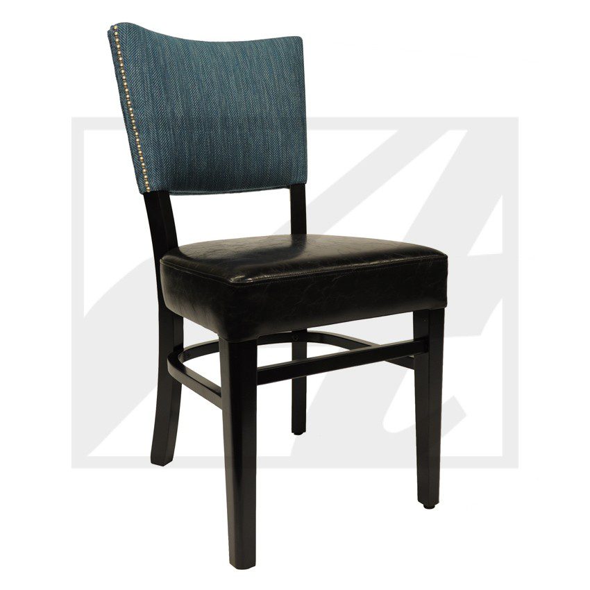 Black wooden chair with a blue cushioned backrest and black seat.