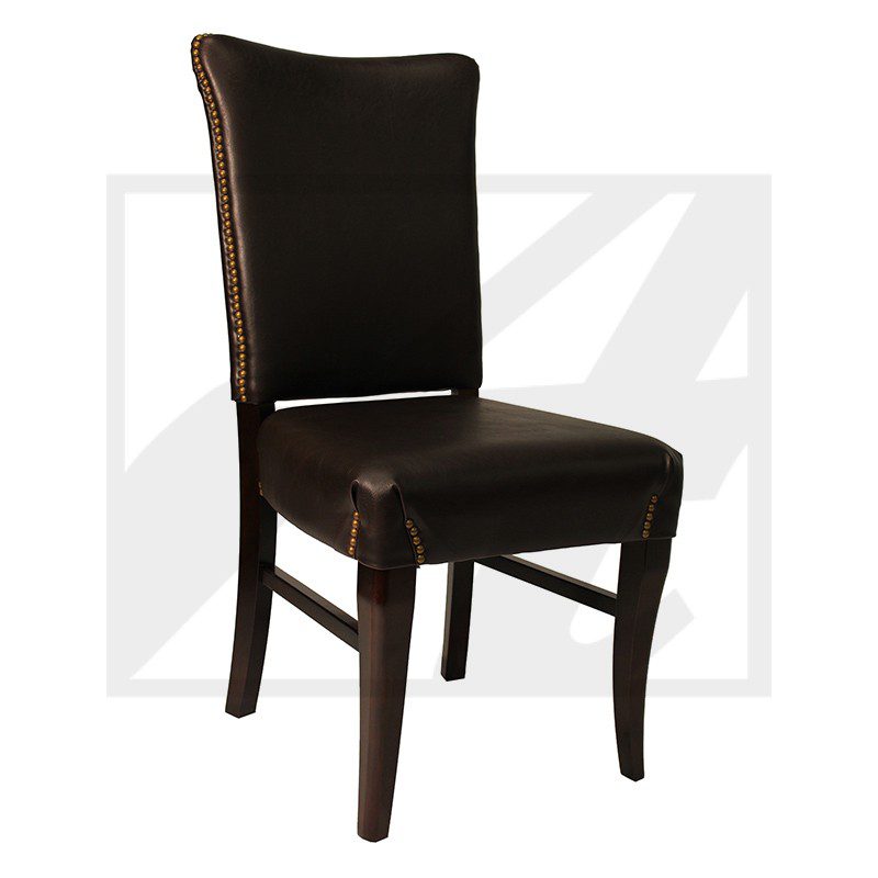Elegant dark brown leather dining chair with wooden legs.
