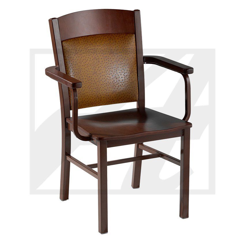 Wooden armchair with brown leather cushions and a classic design.