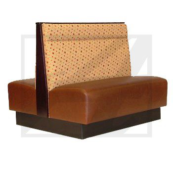 A brown leather booth seat with a patterned backrest.