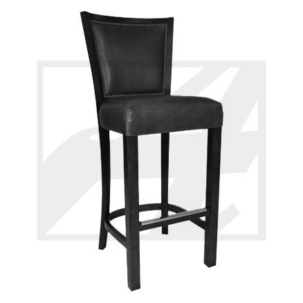 Black leather bar stool with a cushioned back and wooden legs.