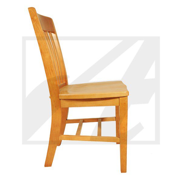 Wooden chair with a cushioned seat and slatted backrest.
