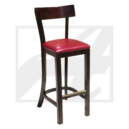Wooden bar stool with a red cushioned seat and backrest.