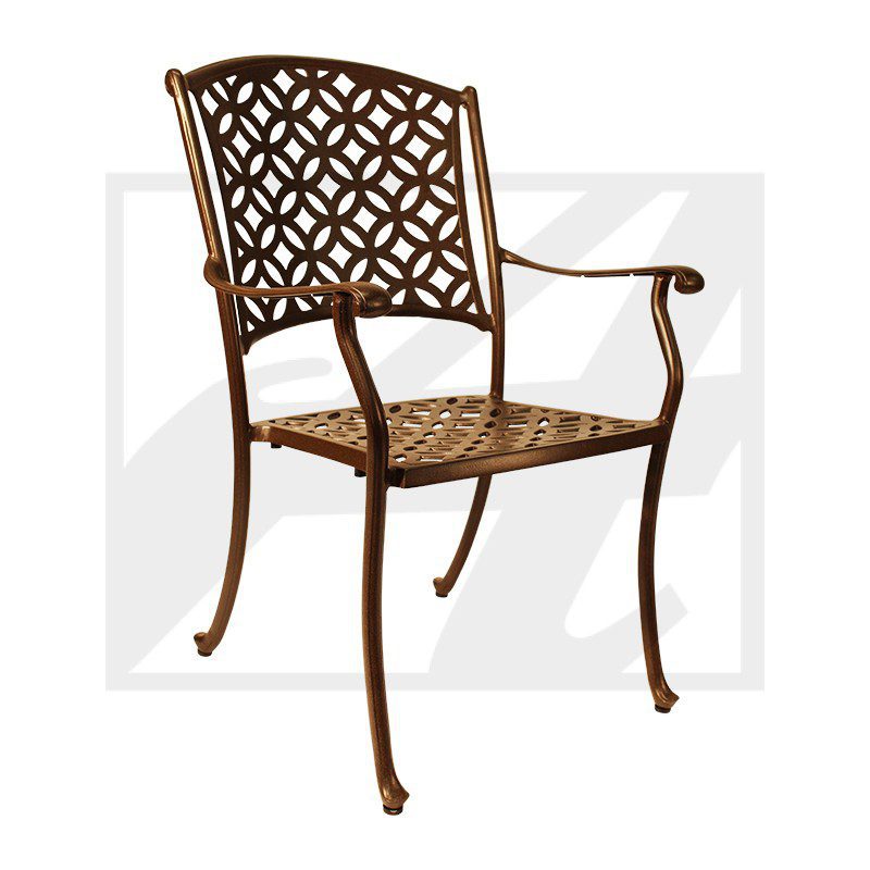 Elegant metal chair with intricate lattice design and curved armrests.
