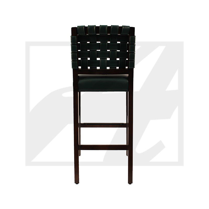 A tall wooden bar stool with a black woven seat and backrest.