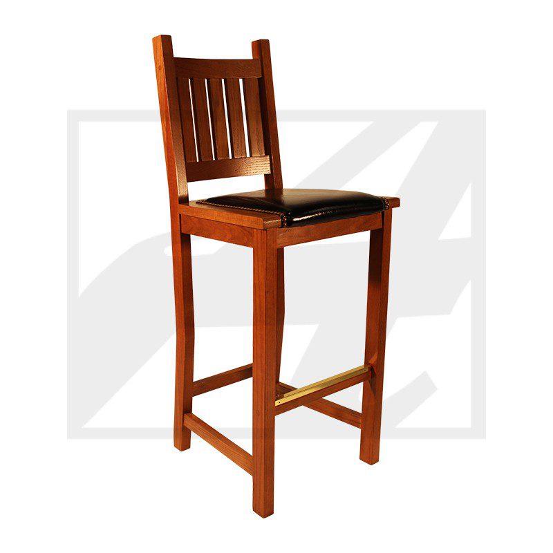 Wooden bar stool with a cushioned seat and backrest.