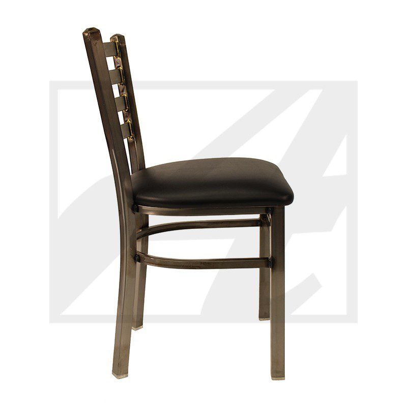 Side view of a dark wooden chair with padded seat and ladder back design.