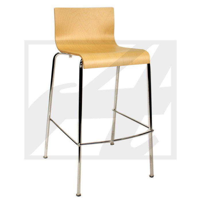 Modern wooden bar stool with metal legs and footrest.